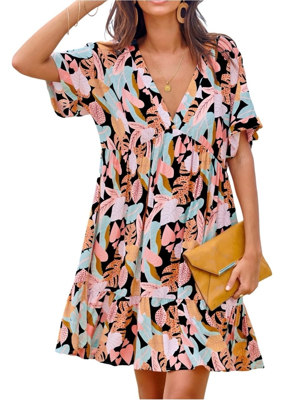 Cupshe Black Mini Dress with Pink, Mint & Mustard Leaf Print